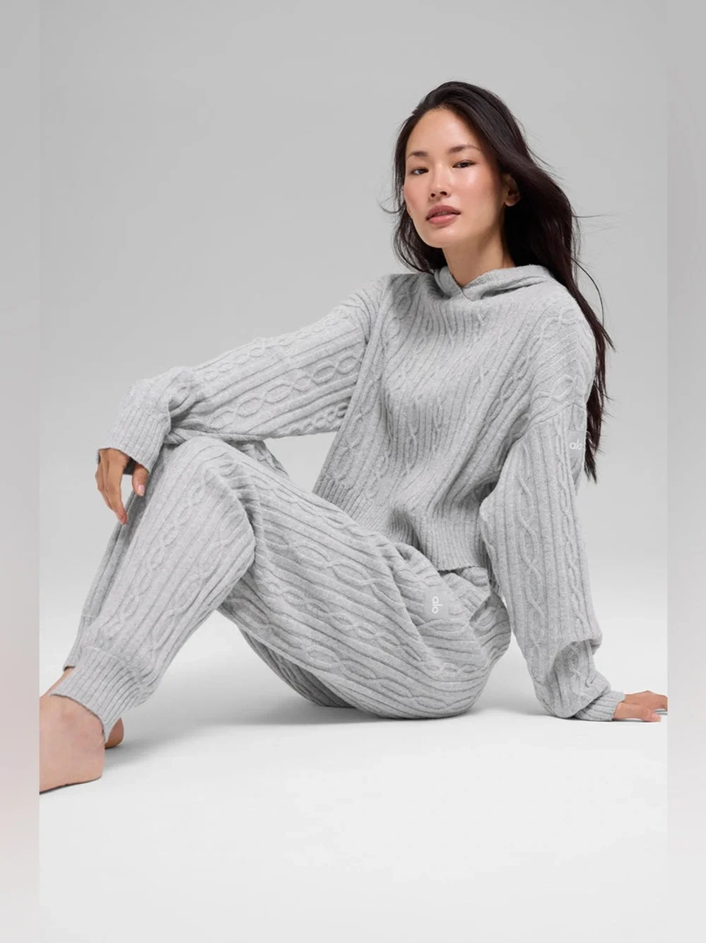 ALO Yoga Cable Knit Winter Bliss Hoodie and Joggers in Athletic Heather Gray